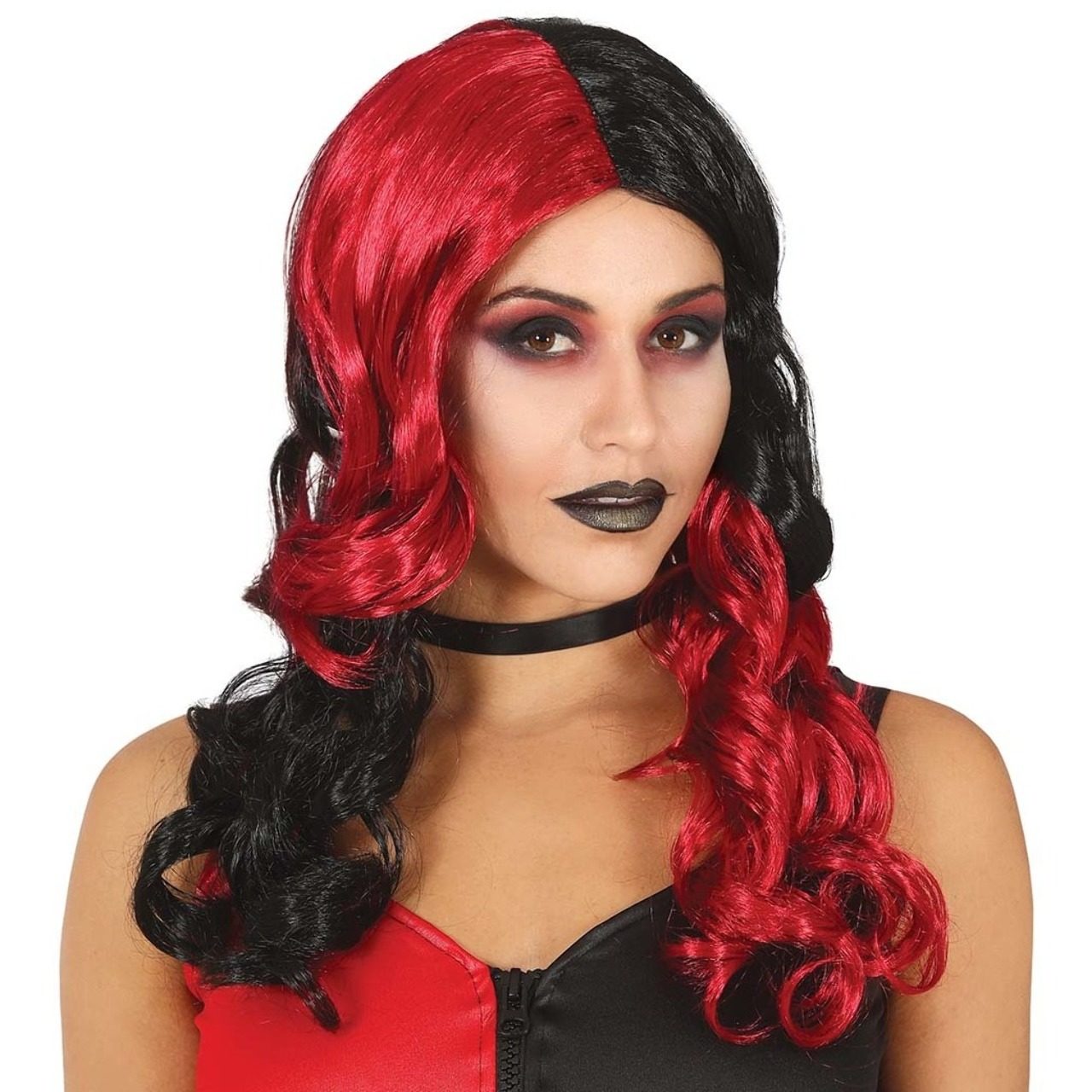 Peluca Ondulada Negra y Roja