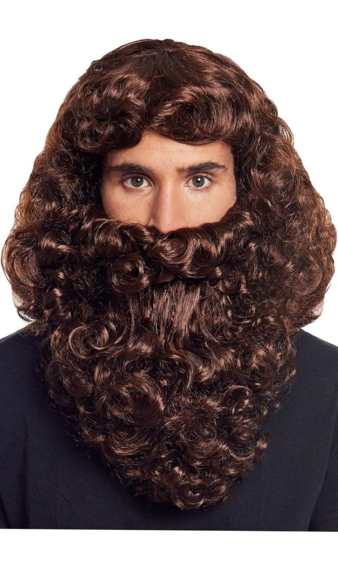 Peluca y Barba Ondulada Castaña