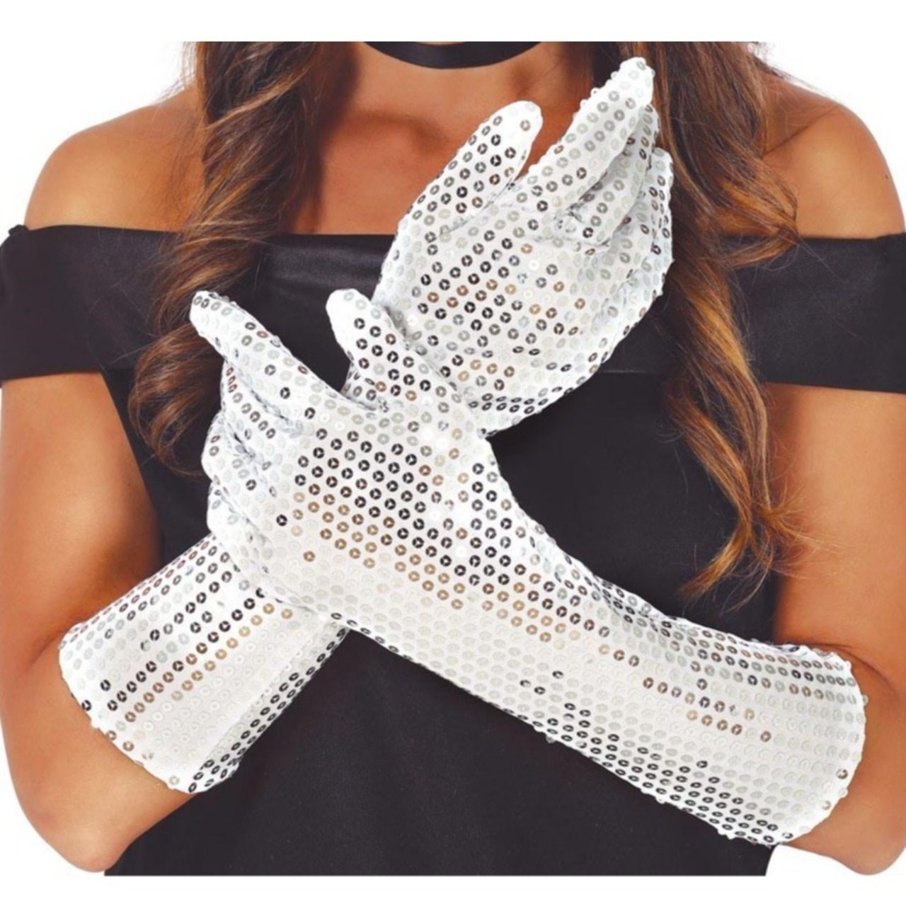 Guantes Plateados Lentejuelas Largos