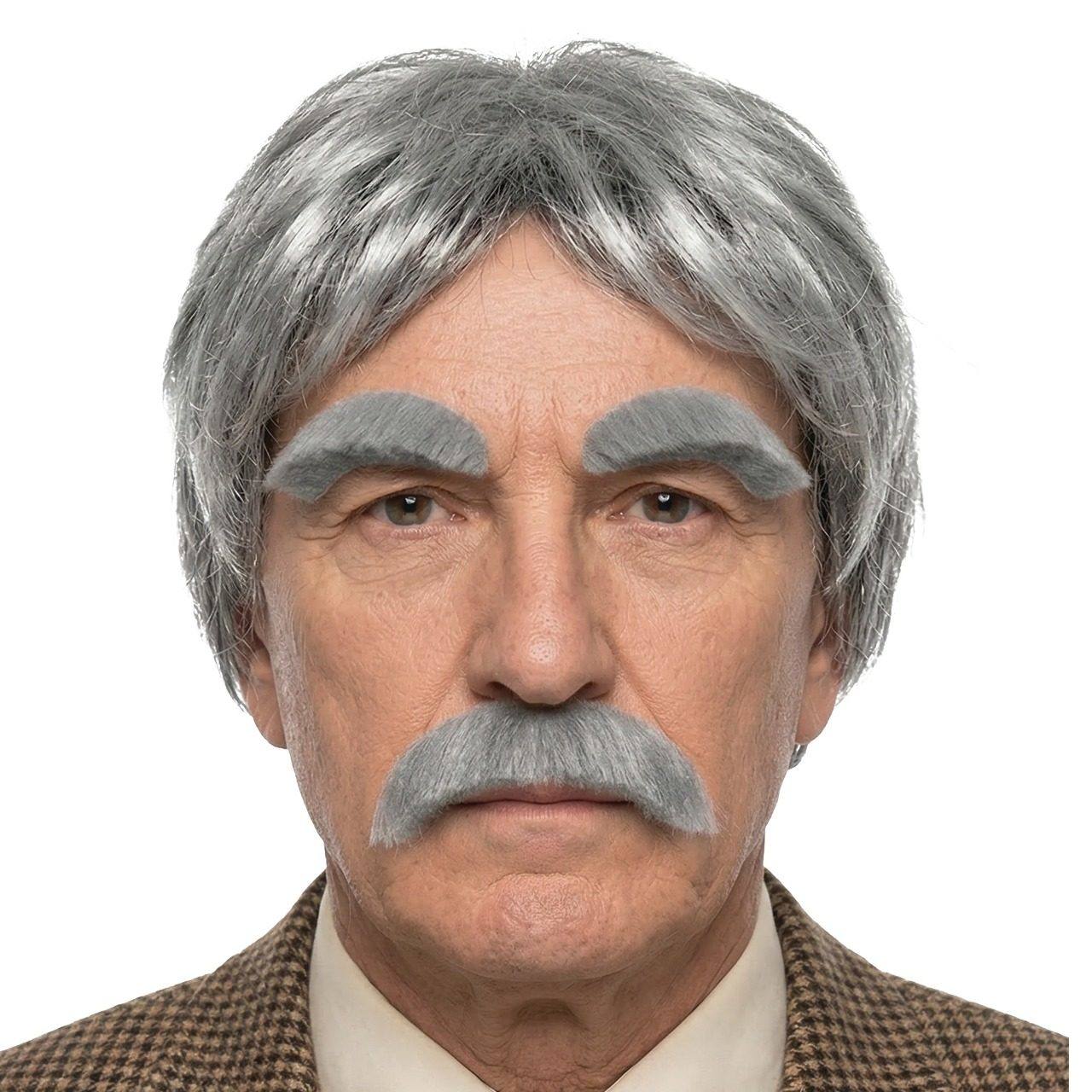Peluca Gris con Bigote y Cejas