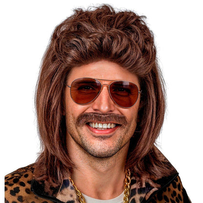 Peluca Marrón Mullet con Bigote