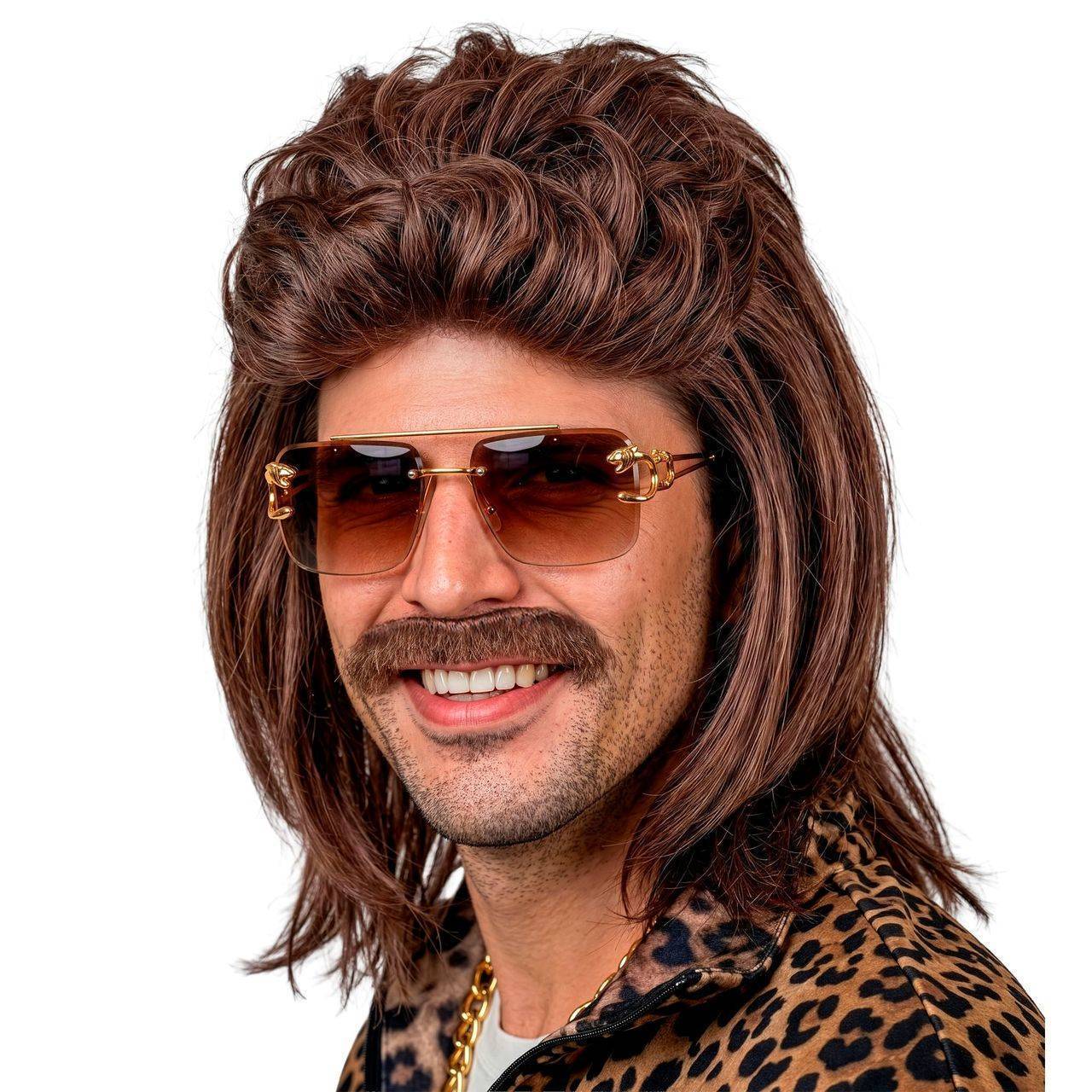 Peluca Marrón Mullet con Bigote