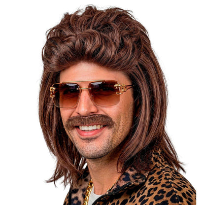 Peluca Marrón Mullet con Bigote