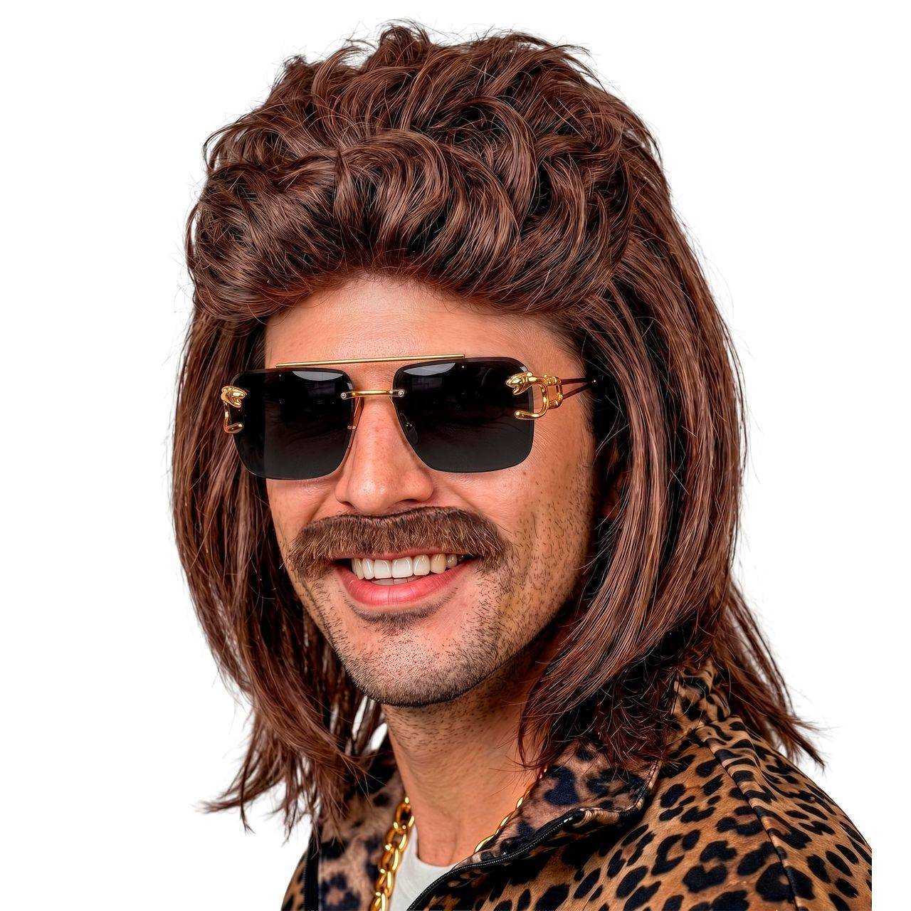 Peluca Marrón Mullet con Bigote