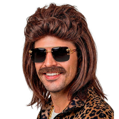 Peluca Marrón Mullet con Bigote