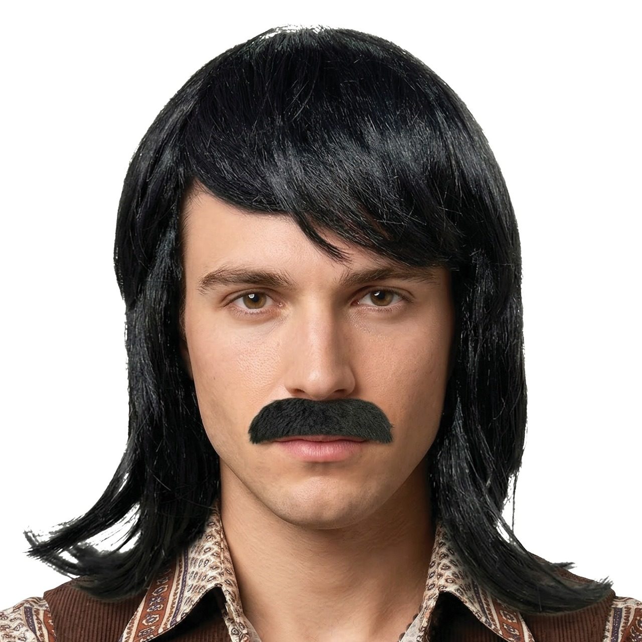 Peluca Negra Mullet con Bigote