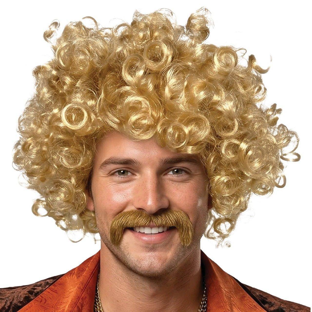 Peluca Rubia Rizada con Bigote