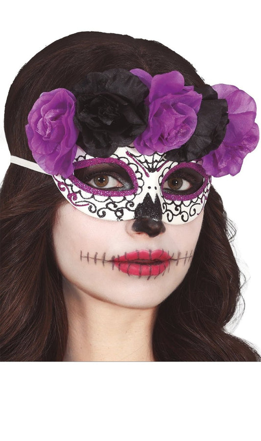 Antifaz de Catrina Flores Lilas y Negras