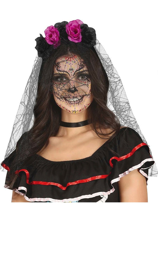 Diadema de Catrina Lila con Velo