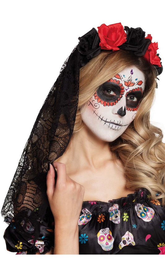 Diadema de Catrina Rosas con Velo