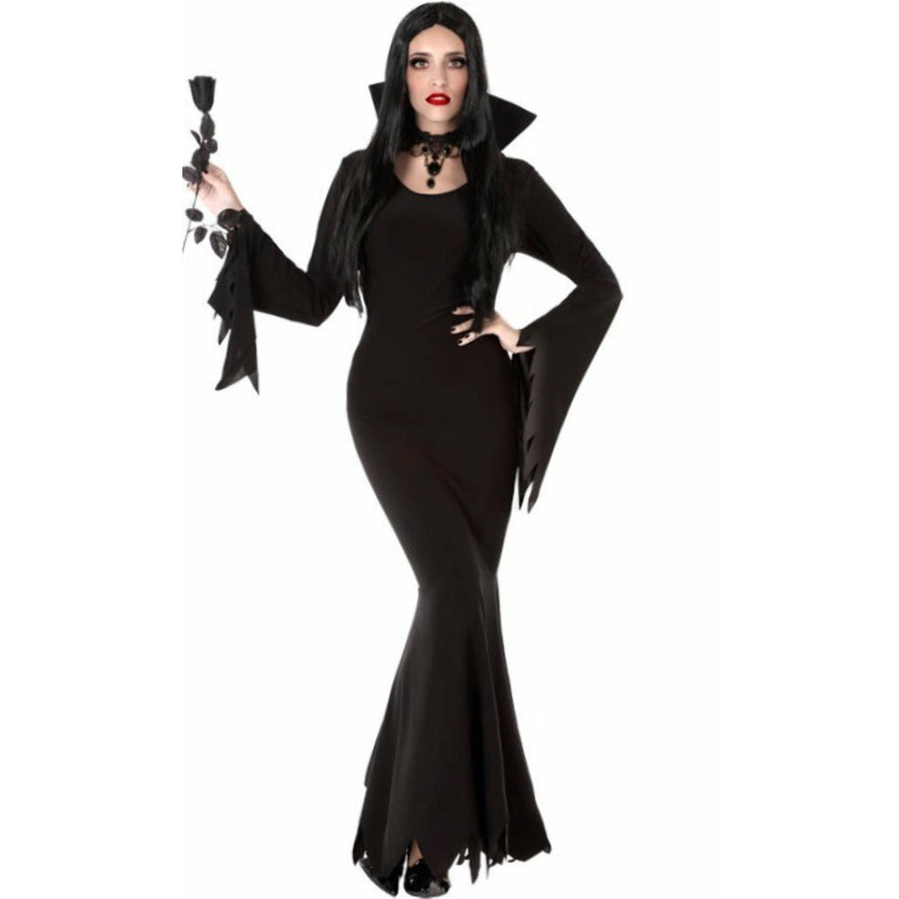 Costume Halloween Bambina Morticia Addams - Abito Nero Lungo Con Parrucca - Taglie Bambine - Foto 1