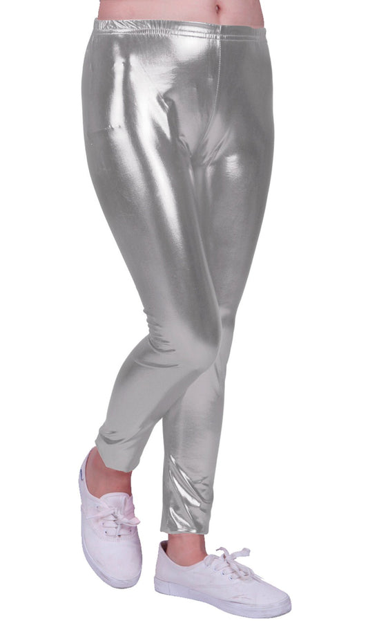 Leggings metálicos para mujer, de piel sintética brillante, con purpurina,  cintura alta, elásticos, disfraz de carnaval, plateado y dorado